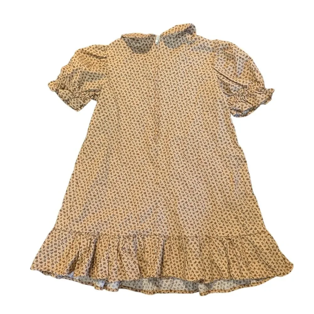 Vintage Girls Tan Brown Floral Print Prairie‎ Dress Ruffles